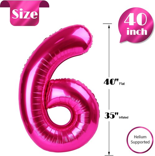 Hot Pink Number 6 Balloon - 40 Inch Giant Foil Balloon for 6th Birthday Party Decorations