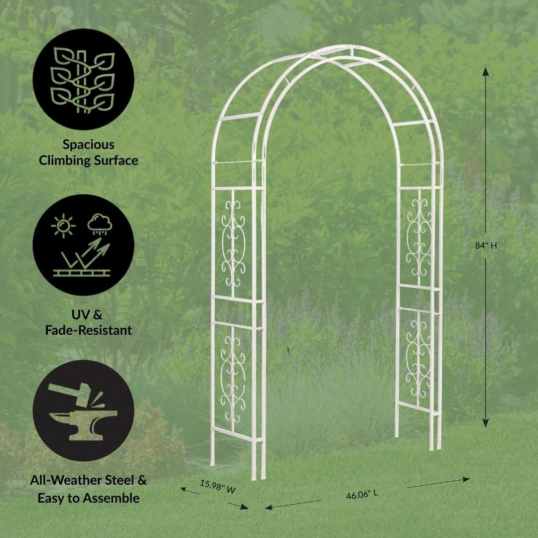 Plow & Hearth Arch Metal Outdoor Garden Arbor Montebello White, 7 Feet Tall, Iron Trellis Lattice for Climbing Plants, Wedding Arch, Outdoor Patio Décor