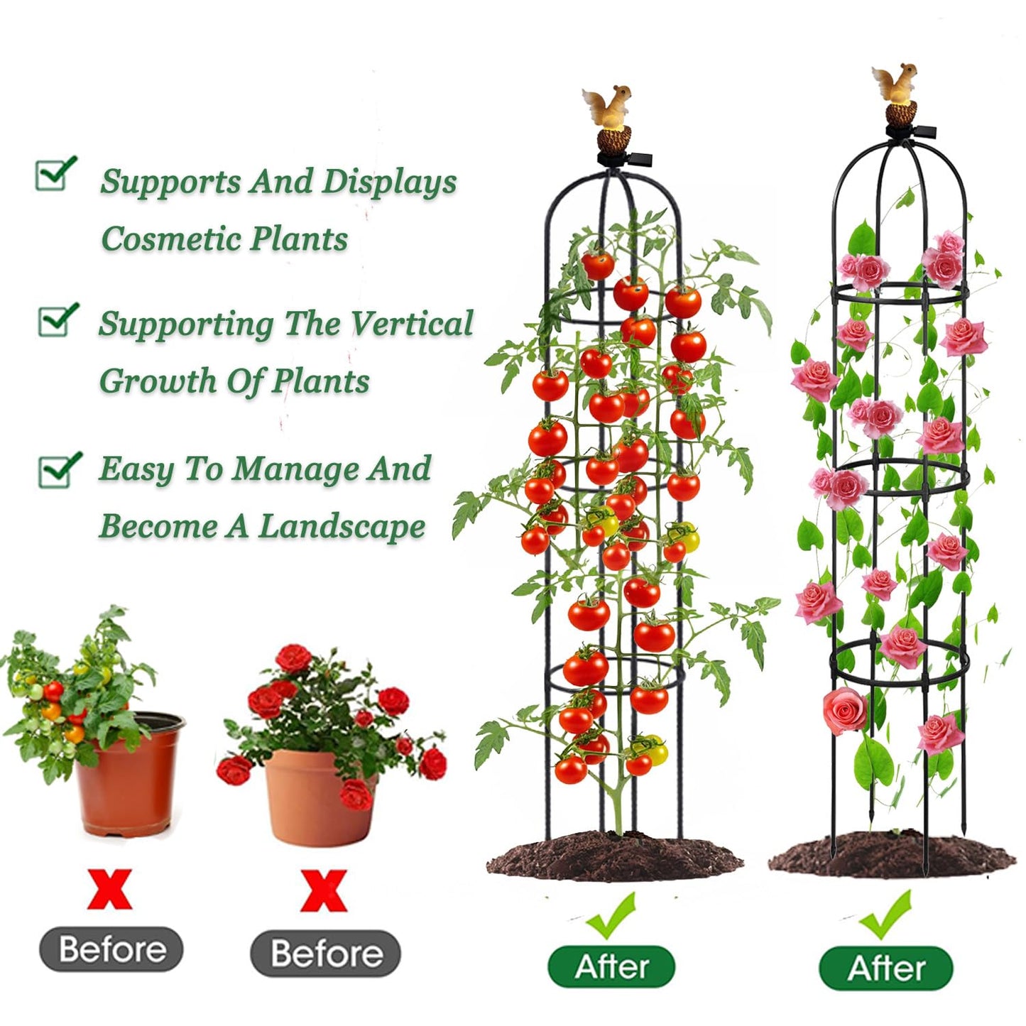 Metal Garden Obelisk Trellis for Climbing Plants Outdoor，Rose Round Trellis with Squirrel Head Auto Sensor Solar Light Rustproof Tomato Plant Support for Vines Cucumbers Tomato Cage,1 Pack