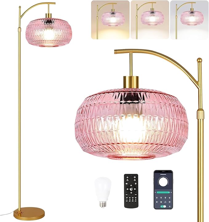 Pink Floor Lamp for Living Room,Bedroom,Gold Dimmable Standing Lamp with Remote,Mid Century Modern Brass Tall Lamp Boho Floor Lamps Arc Stained Glass Flower Floor Light Lamp Girls kids Bohemian