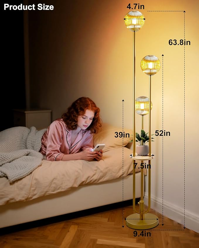 Lightdot Glass Floor Lamp with Shelf, 63IN Dimmable Mid Century Modern Gold Standing Lamps with 3 3000K Bulbs Included, Globe Floor Lamp for Living Room/Wedding/Office//Sofa Beside/Corner Decor