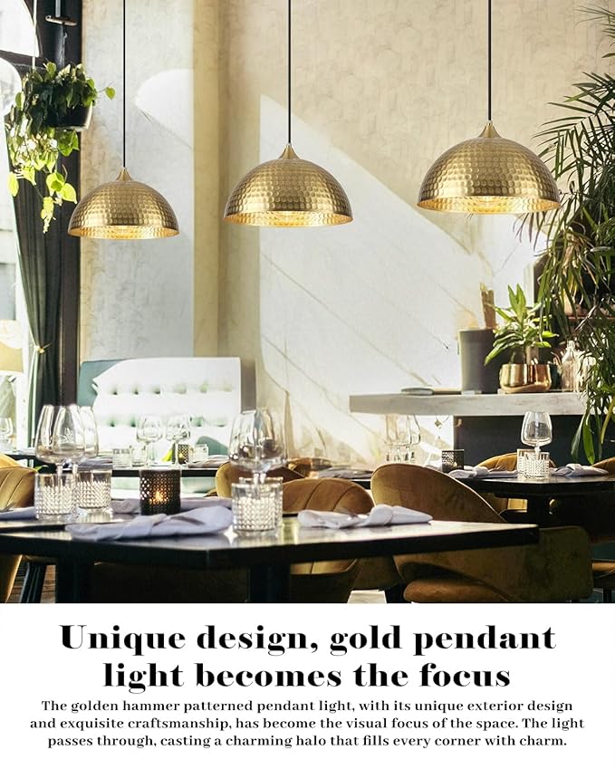 HLOHATAL Hammered Dome Pendant Light 1 Pack, Gold Dome Pendant Light, 12 Inch Metal Industrial Pendant Lights, Kitchen Island Pendant Lights for Kitchen, Dining Room, Bar