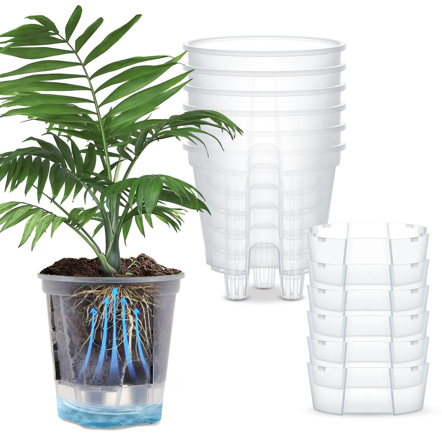 Wonderjune Self Watering Pots for Indoor Plants with Deep Reservoir and High Drainage Holes for Outdoor Plants and Flowers, Bare Root Planter(4.72'',Clear,6 Pcs)