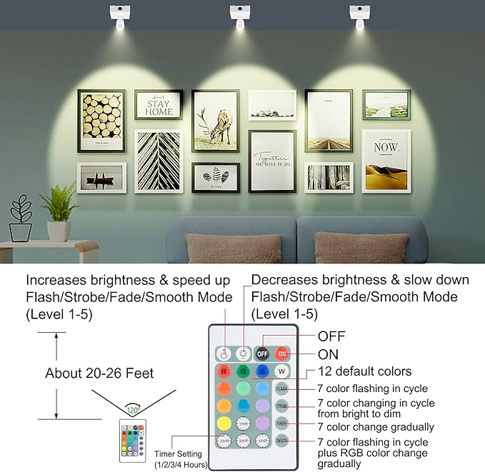 BIGMONAT Wireless LED Spotlight Battery Operated, Rechargeable Accent Light with Remote and Timer, Dimmable Color Changing Display Lamp for Up Lighting Tree Plant Picture Dartboard Art Painting