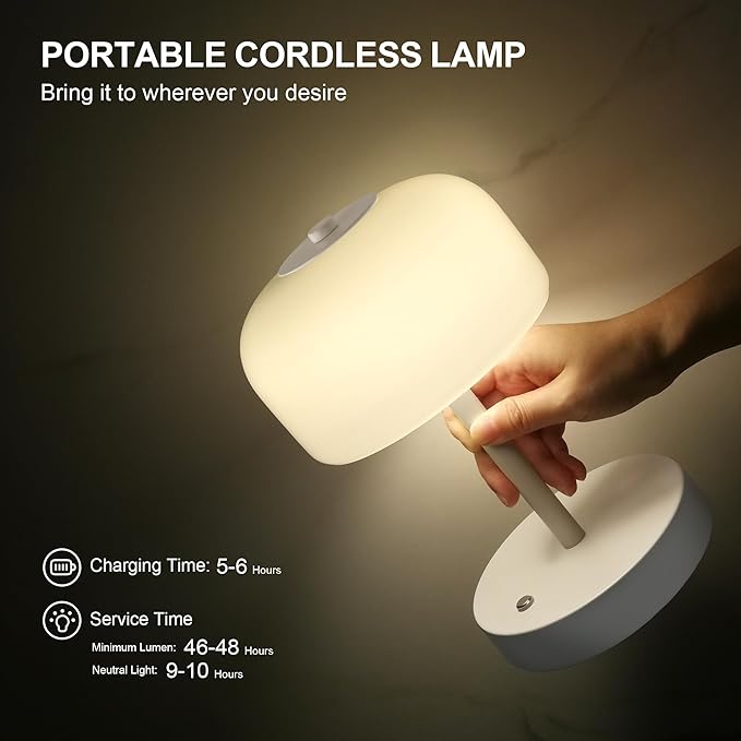 Oneach 9" Cordless LED Mushroom Table Lamp Touch 3 Way Dimmable Bedside Small Lamp Battery Operated Rechargeable Modern Nightstand Desk Lamp for Bedroom Living Room Restaurant White(2 Pack)