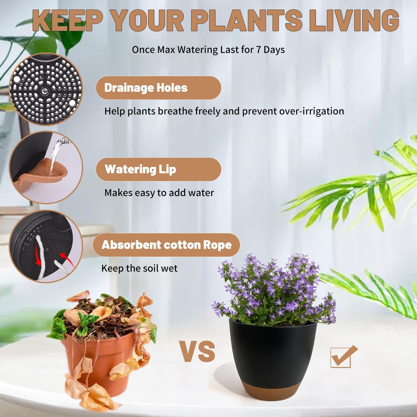 LIFFY Plant Pots, 8,7.5,7,6.5,6,5.5,5 Inch Plastic Self Watering Planters with Drainage Holes & Saucers, 7-Pack Black Nursery Planting Pot with Deep Reservoir for Indoor Outdoor Plants