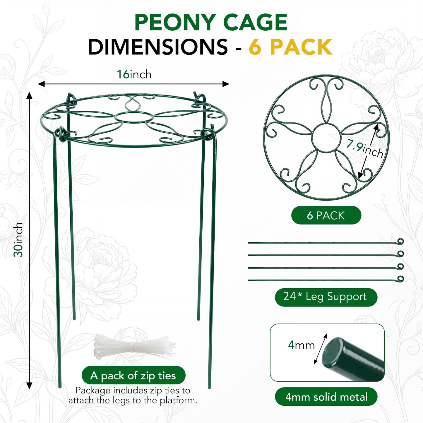 6 Pack 16 x 30 Inch Peony Cages and Supports, 16" D x 30" H Grow Through Plant Support Grid Brace for Outdoor Plants Flower, Metal Peony Stake Peony Ring Hoops Frame Support for Rose Tomato Vegetables