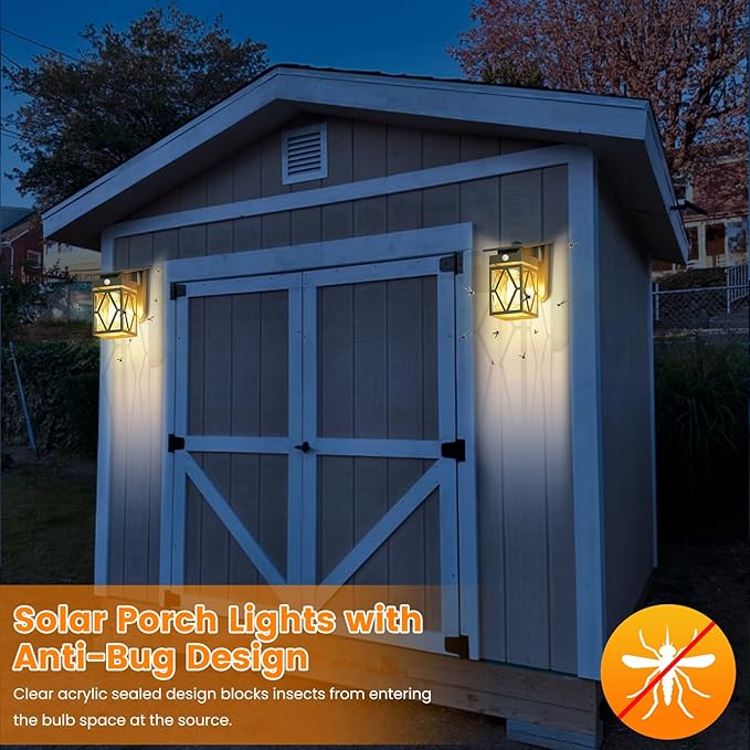 Solar Porch Lights Outdoor, Dusk to Dawn & Motion Sensor Solar Wall Light with Lantern Shape, 3 Modes IP65 Waterproof, E26 Bulb Exterior Sconce for Front Porch, Garage, Patio Security