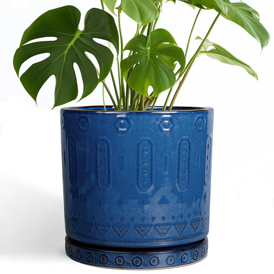 Eightpot 10 Inch Plant Pot - Ceramic Planter Outdoor Plant Pot Indoor with Drainage Holes and Saucer Large Flower Pot Round Decorative Planter for Garden Patio Decor Blue