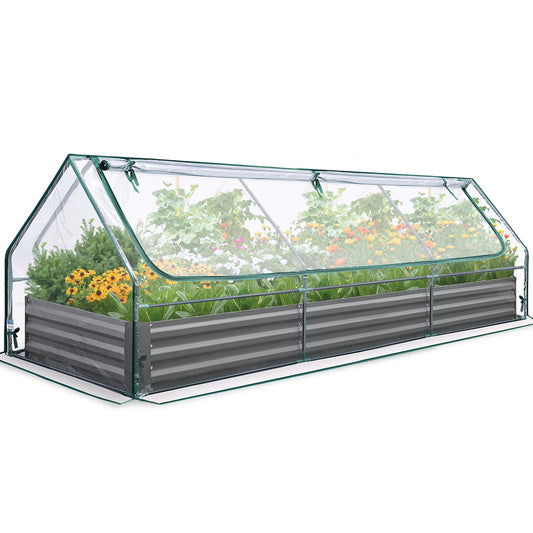 Quictent Raised Garden Bed Galvanized Raised Beds for Gardening Vegetables with Cover 8x4x1 ft Metal Planter Box Outdoor Use (Clear)