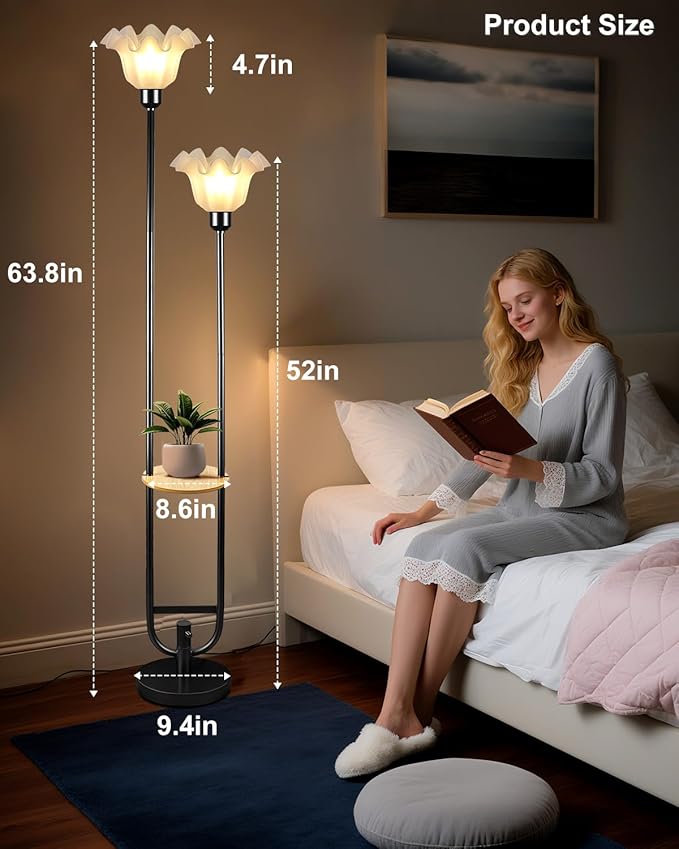 Lightdot Dimmable Flower Floor Lamp for Living Room, Modern Mid Century Floor Lamp with Table, Black Tall Standing Lamp for Bedroom/Sofa Beside/Corner Decor(Bulb Included)