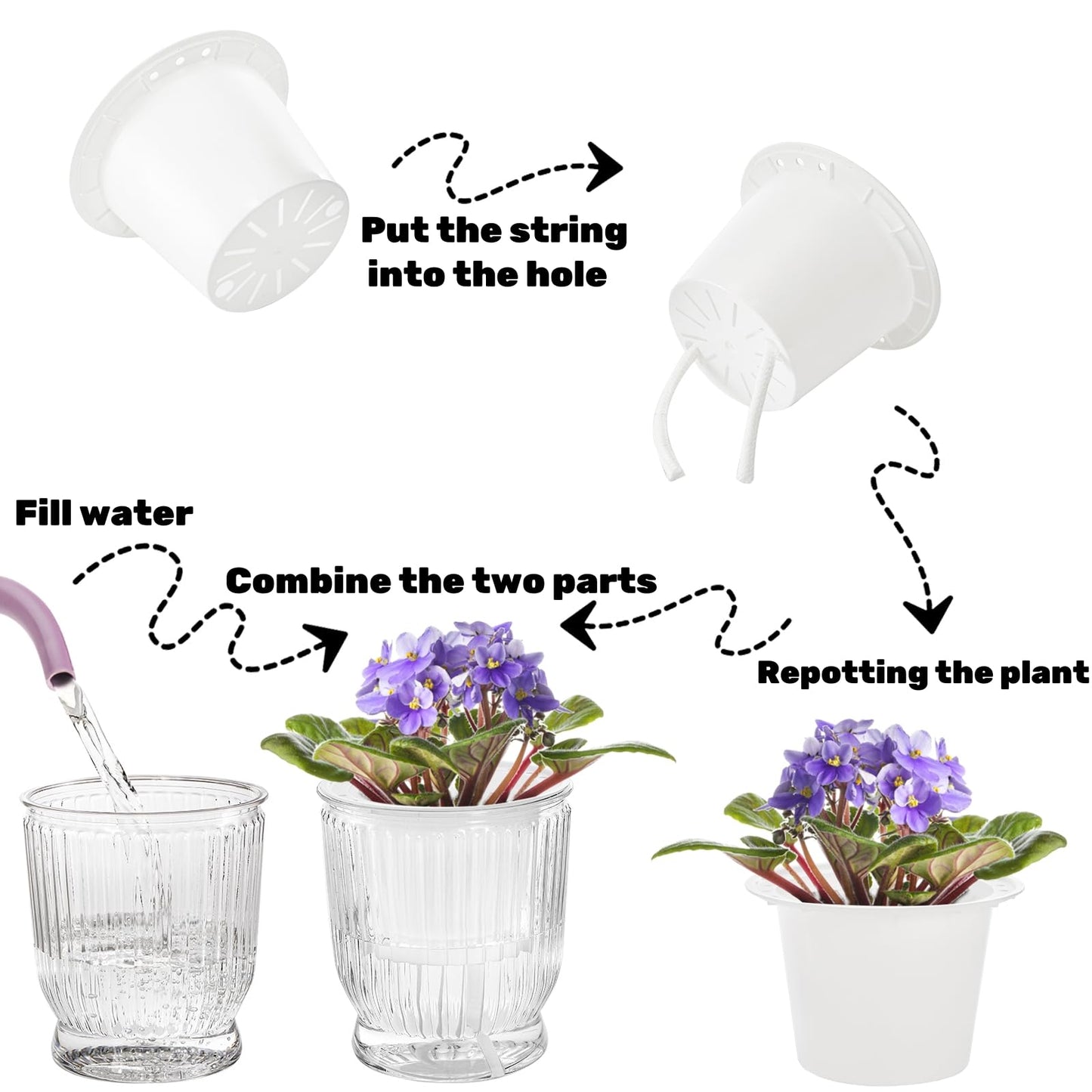 ZOOFOX 10 Pack Self Watering Pots, 4 Inch Small Plant Pots for Indoor Plants, Stripe Plastic Flower Pots for All House Plants, Herbs, Aloe, African Violets, Orchid