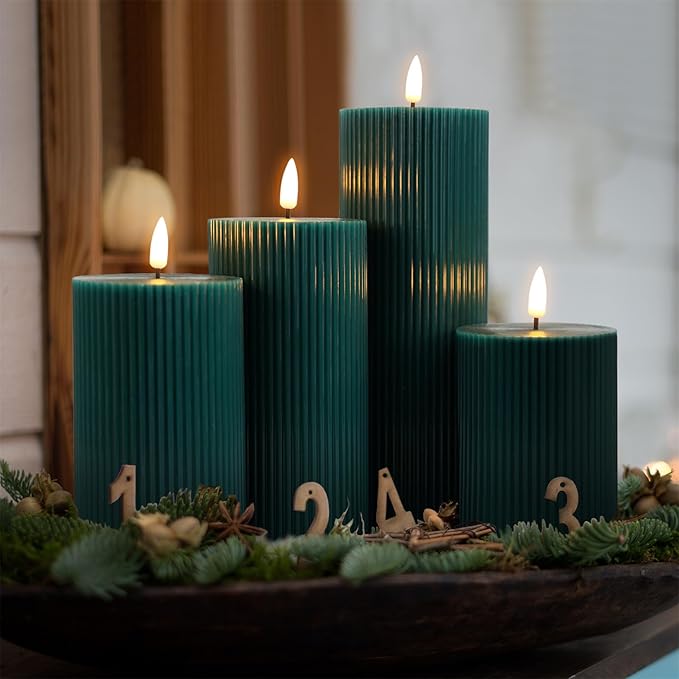Green Ribbed Flameless Pillar Candles with Remote, Flat Top Flickering LED Wax Battery Candles Set of 4, Φ 3" H 4" 5" 6" 8"