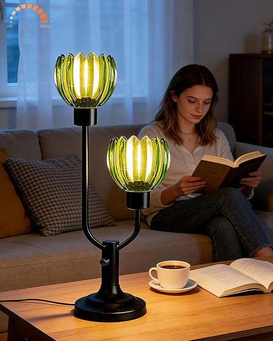 Lightdot Mid Century Modern Glass Table Lamp Black Dimmable U-Shaped Desk Lamps with Green Lotus Glass Shade& 2Pcs 3000K Warmwhite Bulbs Included Bedside Nightstand Lamp for Living Room Bedroom