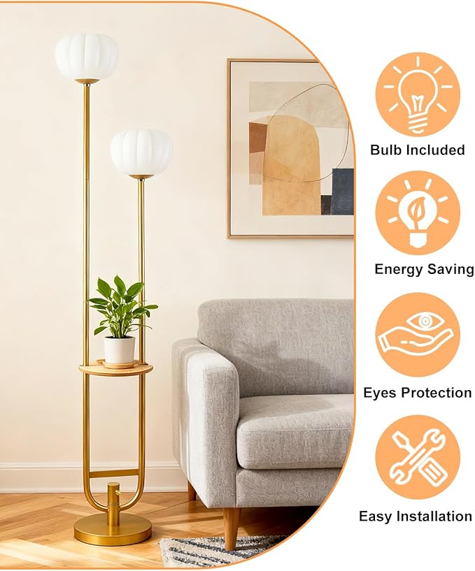 Lightdot 63IN Gold Floor Lamp Dimmable Standing Lamps with Tray, Pumpkin Shades& Bulbs Included, Unique U-Pole Mid Century Modern Tall Lamp for Living Room/Wedding/Party/Sofa Beside/Corner Decor
