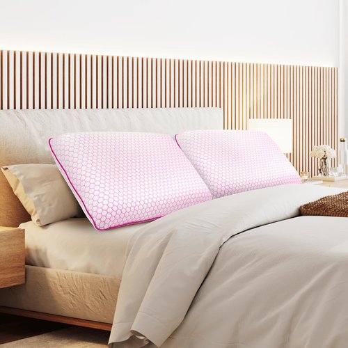 CushyOasis Memory Foam Pillows for Side, Back and Stomach Sleepers, Set of 2, Bed Pillow with Washable Cover and Breathable Mesh, Bed Pillow for Sleeping (Pink，Standard Size)