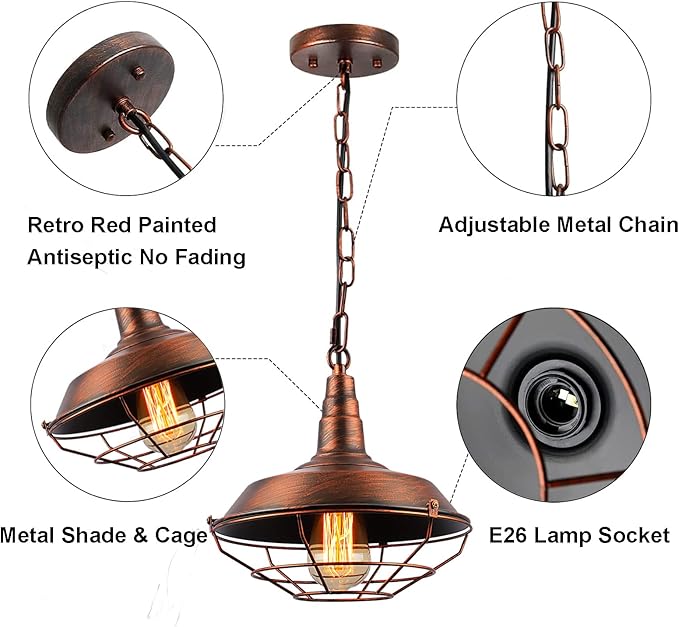 Industrial Pendant Lights Kitchen Island 2 Pack Farmhouse Hanging Light Fixtures with Adjustable Chain, Rustic Pendant Lighting with Metal Wire Cage for Barn Dining Room Hallway Foyer