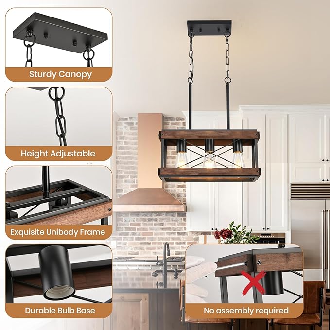 HOXIYA Farmhouse Kitchen Island Light, 3 Lights Pendant Lighting Fixture, Rustic Wood Chandelier, Adjustable Height Metal Linear Light for Dining Room Kitchen Bar Pool Table.