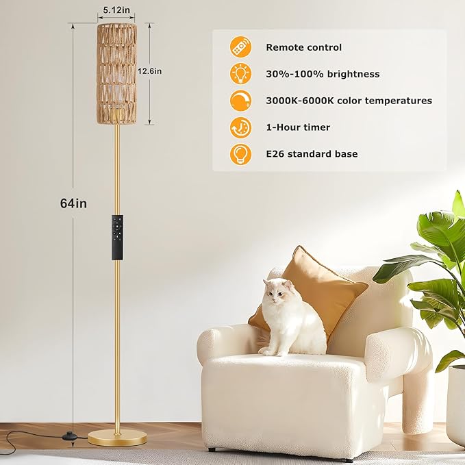 Ambimall 64'' Floor Lamps for Living Room with Remote Control and Stepless Dimmable Colors Temperature & Brightness, Boho Gold Standing Lamp with Beige Rattan Shade