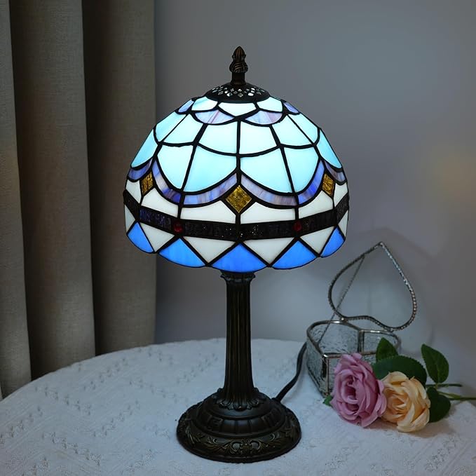 Tiffany Lamp 8 Inch Small Stained Glass Table Lamp Blue Mediterranean Handmade Warm Reading Bedside Lamp Dining Room Bedroom Living Room Office Study Tiffany Style Retro Home Decoration Crafts（feath）
