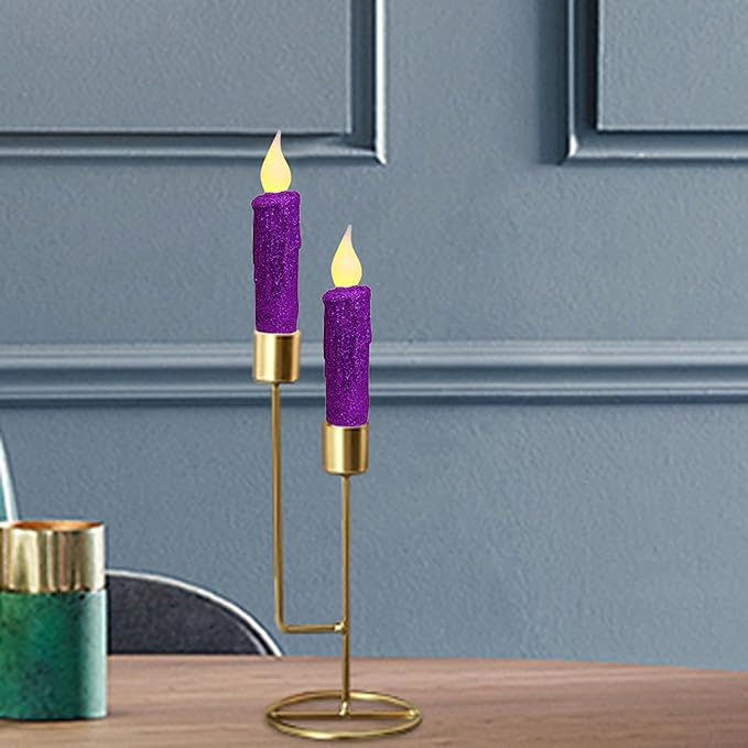 CVHOMEDECO. Glitter Flameless Candles Flickering Battery Operated LED Taper Candles with Timer for Home, Wedding, Halloween, Christmas Decor. Purple, 4-3/4 Inch, Set of 3