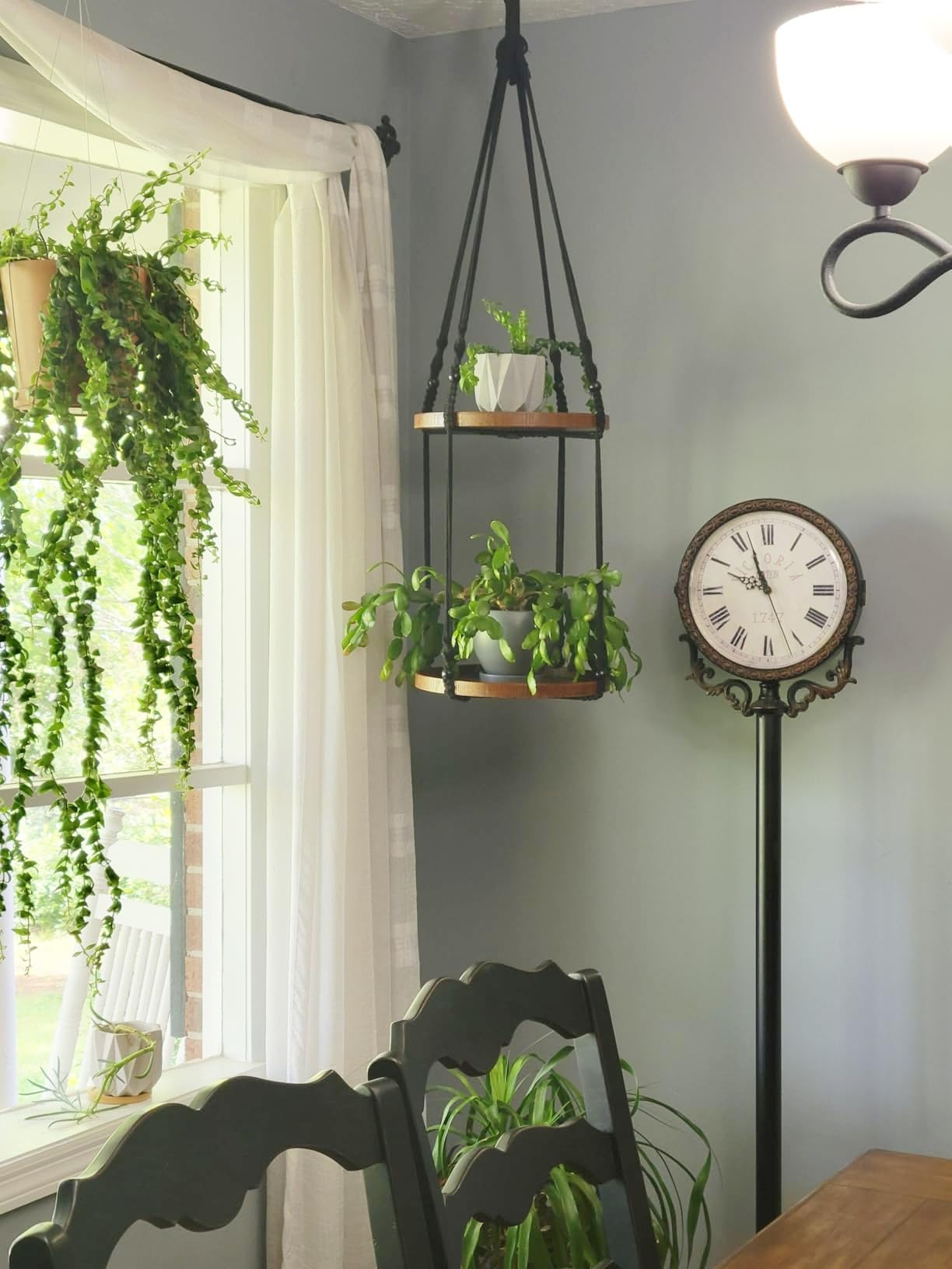 Shineloha 2 Tier Macrame Plant Hanger | Plant Hanger Indoor, Hanging Planter | Hanging Planter Shelf (Black) (Large, 12" Shelf)