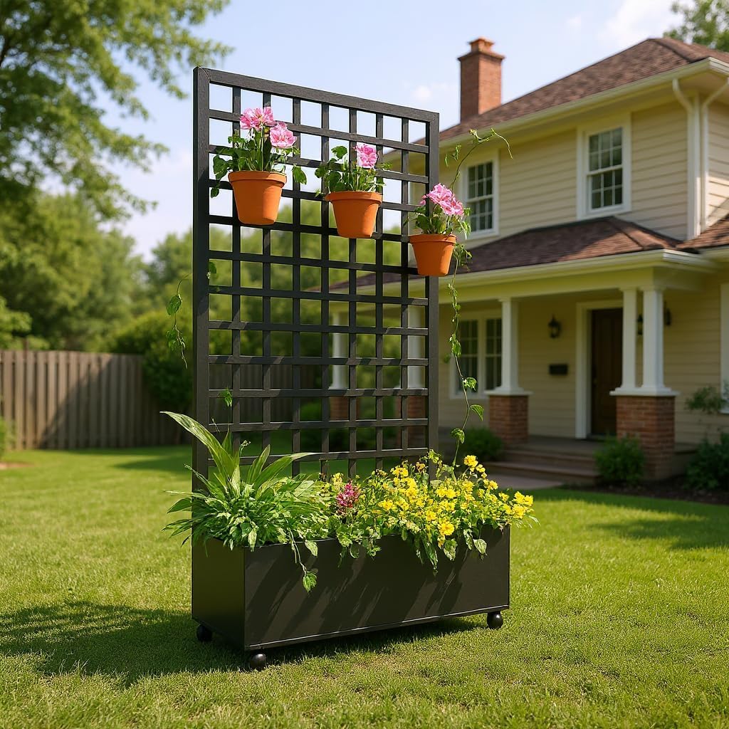 IDEALHOUSE 72"X47" Galvanized Raised Garden Bed with Square Trellis, 12" Deep Planter Box on Locking Wheels, Drainage Holes for Climbing Plants, Flowers, Patio, Balcony & Small Spaces, Black