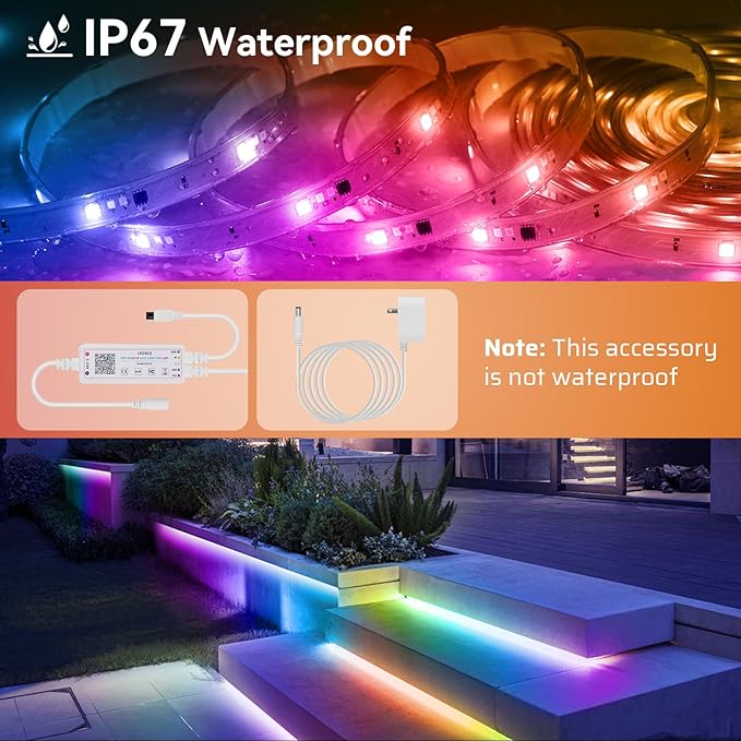 50Ft Outdoor RGBWW+IC LED Strip Lights, IP67 Waterproof Multi-Colored+3000K-6500K 24V LED Lights with Remote and APP, Music Sync Color Changing LED Tape Lights,DIY Strip Lighting for Courtyard Garden