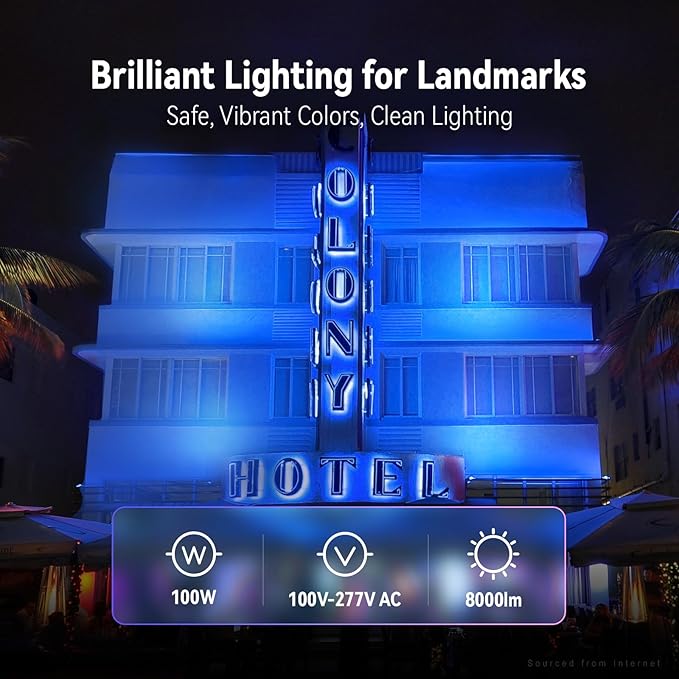 LEONLITE Smart RGB 100W LED Flood Light with Knuckle, Bluetooth Connection APP Control, Commercial Area Lighting for Outdoor Decorations, Garden, Yards, 3000K-5000K Dimmable, 100-277V, IP65 Waterproof