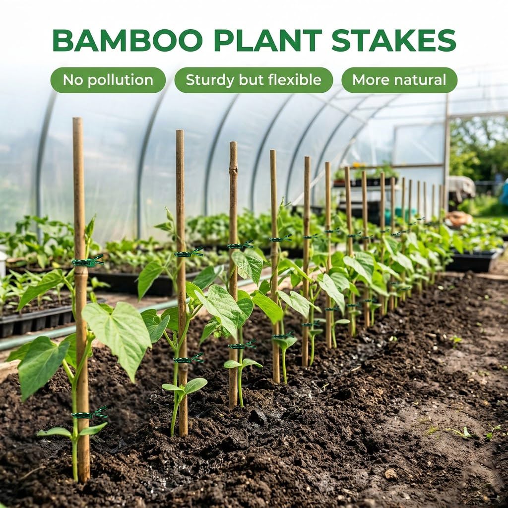 Plant Stakes Natural Bamboo Sticks - 20 Pcs Bamboo Garden Stakes for Plants 4.8 FT Plant Support Sticks with Twist Ties for Tomatoes Beans Flowers Indoor Outdoor Potted Climbing Plants