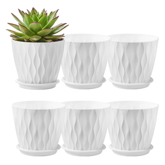 FaithLand 6-Pack 6-Inch Plastic Plant Pots with Saucers | Thickened PP Material, Modern Wave Texture, Enhanced Drainage for Indoor/Outdoor Garden Plants | White Value Set