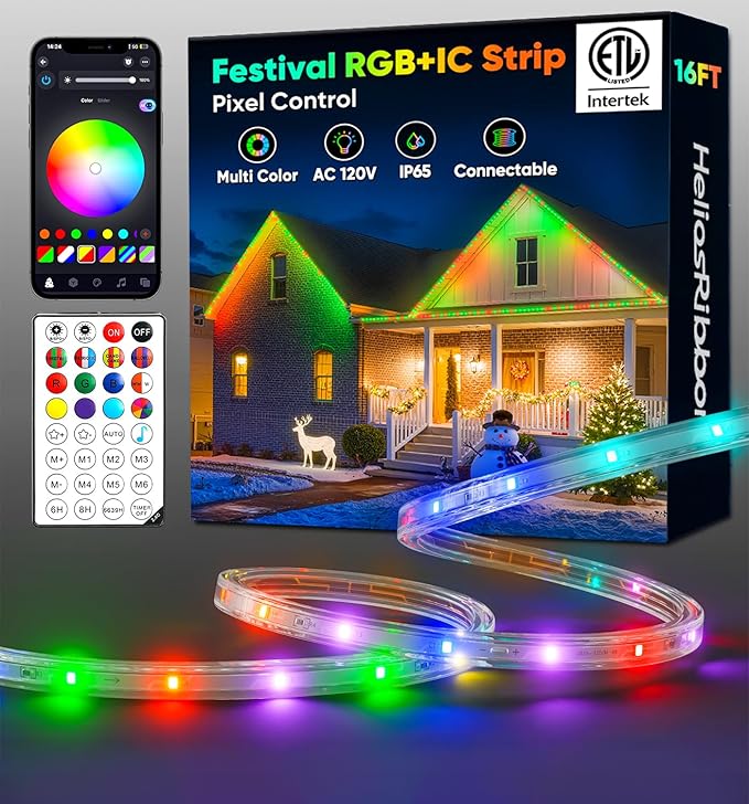 16FT Outdoor LED Strip Lights RGB+IC with Warm&Cool White, ETL Listed Music Sync Light Strip AC 120V, IP65 Waterproof and Connectable, for Party Festival Eave Porch Patio Every Day Decor