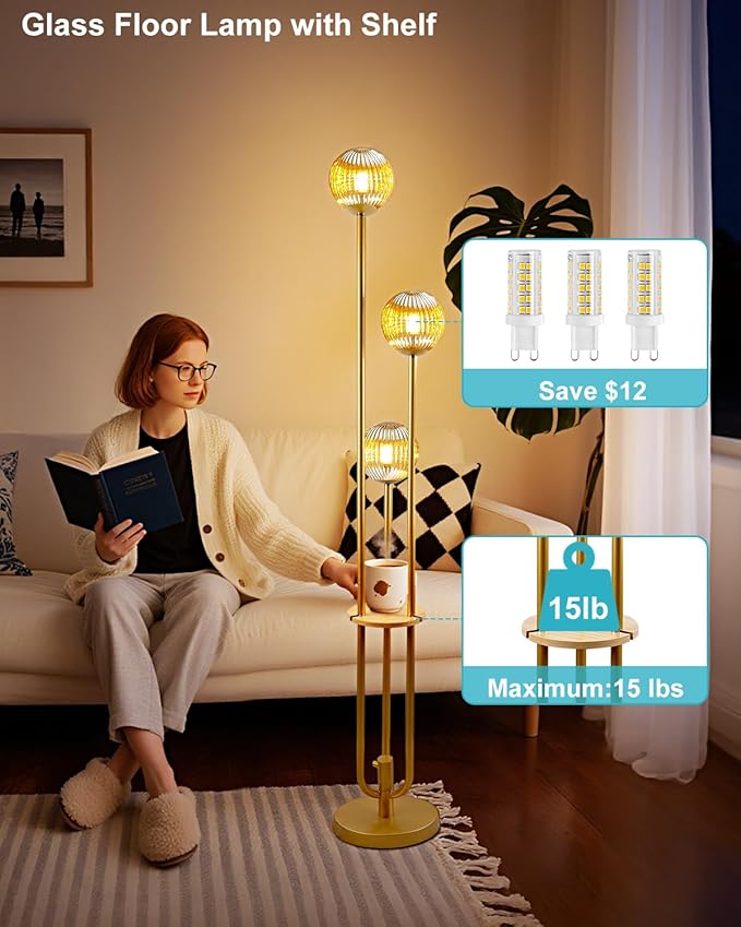 Lightdot Glass Floor Lamp with Shelf, 63IN Dimmable Mid Century Modern Gold Standing Lamps with 3 3000K Bulbs Included, Globe Floor Lamp for Living Room/Wedding/Office//Sofa Beside/Corner Decor