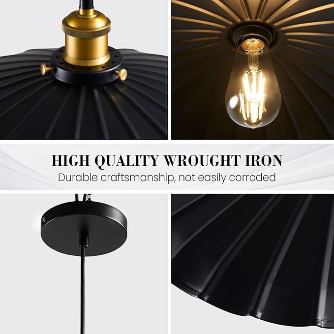2Pack Hanging Lamp, Metal Pleated Lampshade Pendant Lighting for Kitchen Island Black Pendant Light Fixture 15.7 Inch Hanging Pendant Light 6.5Ft Height Adjustable