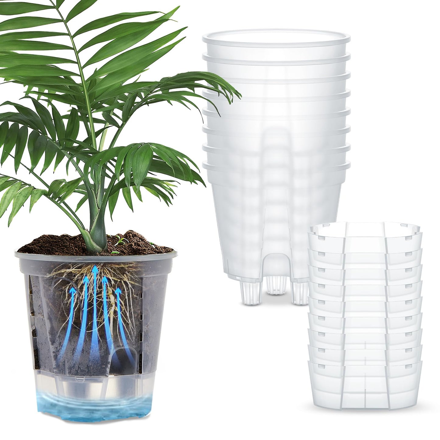Wonderjune Self Watering Pots for Indoor Plants with Deep Reservoir and High Drainage Holes for Outdoor Plants and Flowers, Bare Root Planter(4.72'',Clear,9 Pcs)
