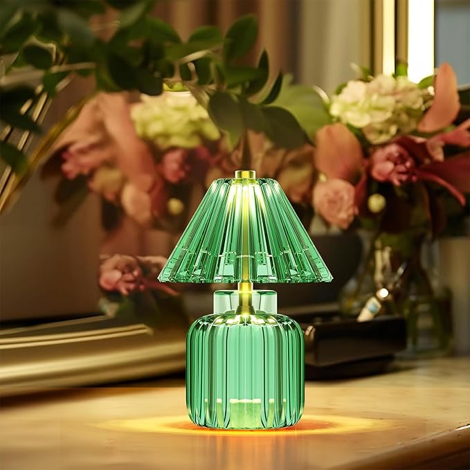 Small Battery Operated Lamp with Timer, Tiny Cordless Glass Table Lamp for Home Decor, Kitchen, Bathroom, Birthday Gift for Women, Jelly Green