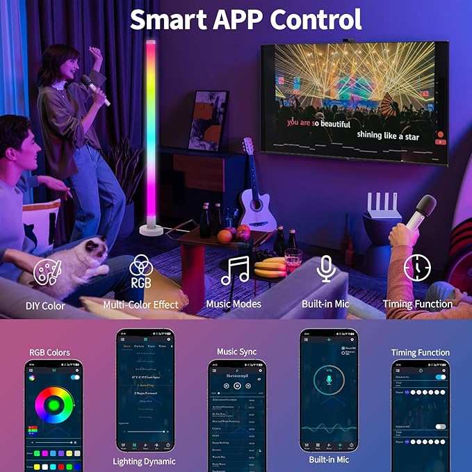 DIY Corner Floor Lamp with Remote Control, RGB Corner Lamp 59 IN (150 CM), LED Smart Standing lamp Light with Music Sync, 16 Million Colors, Ambient Lighting for Bedroom/Living Room/Game Room