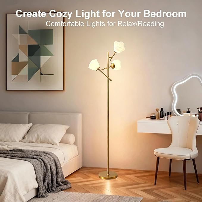 Fiqevs Mid Century Modern Floor Lamp with 3 Adjustable Flower Shade - Floral LED Standing Light with Foot Switch & Light Bulb, Sputnik Tree Lamp for Living Rooms Bedrooms - Antique Brass/Gold