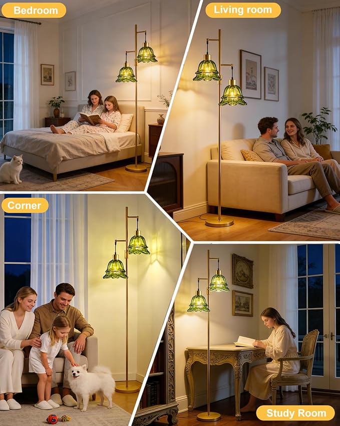 2-Light Gold Dimmable Floor Lamp for Living Room, 65IN Tall Standing Lamps with Green Glass Lampshade, 3000K Warmwhite Mid Century Modern Floor Lamp for Bedroom/Sofa Beside/Corner Decor