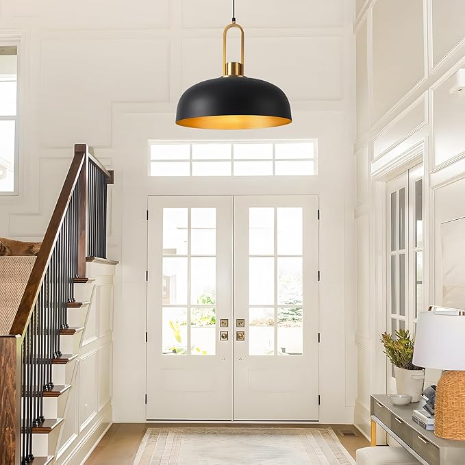 Matte Black Dome Pendant Light 18" Large Farmhouse Pendant Lighting Fixture Vintage Black and Gold Chandeliers for Dining Room, Kitchen Island, Bedroom, Hallway