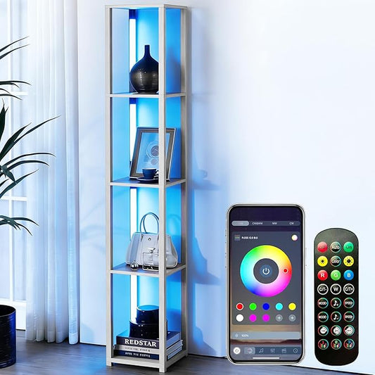 RGBCW Floor Lamp with Shelves, Smart Modern Floor Lamp with Music Sync, LED Color Changing Corner Display Shelf Lamp, Tall Lamps for Living Room and Bedroom, Bookshelf Lamp, Whitewashed Oak