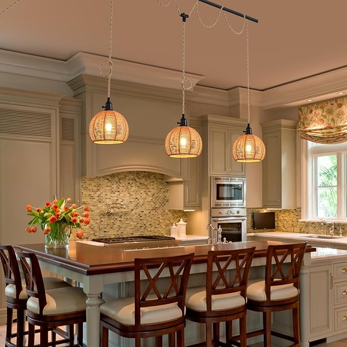 3-Light Hanging Light with Plug in Cord,Plug in Pendant Light 22ft Hemp Rope Pendant Lighting Vintage 3-Light Hanging Lamp Fixtures for Kitchen Island Living Room Bedroom