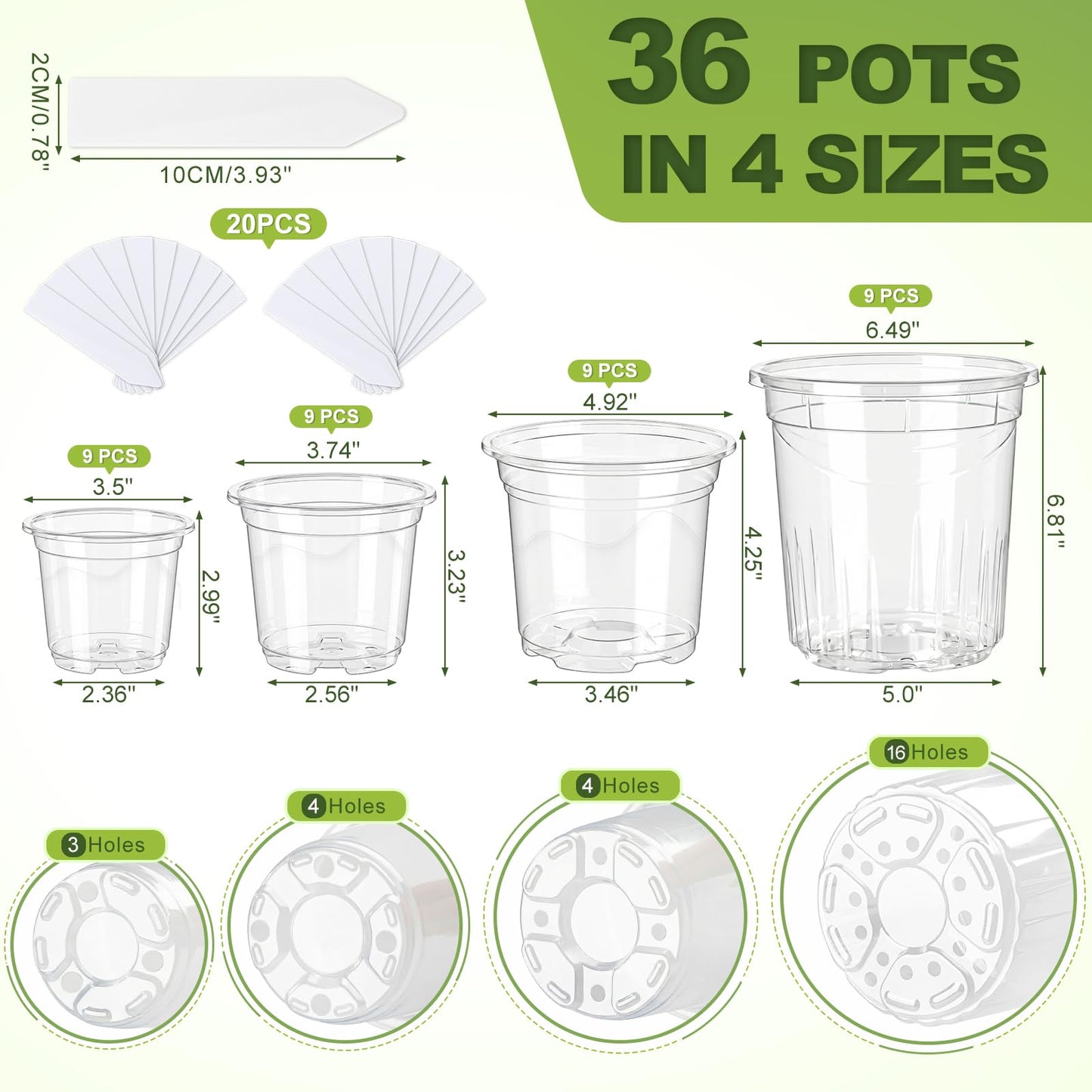 CINKSY 36 Pack Clear Plant Nursery Pots, 7/5/4/3.5 Inch Plastic Planter Pots with Drainage Hole, Flower Seedling Nursery Pots with 20 Labels for Garden Indoor Outdoor