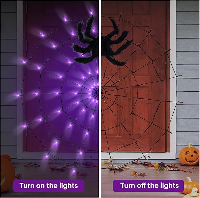 Halloween Decorations Spider Web Lights - 2 Pcs Light Up Spider Web, 4FT Diameter 70 LED with Black Spider, Waterproof, Remote Control, 8 Modes Cobweb Halloween Decorations (Purple+Orange)