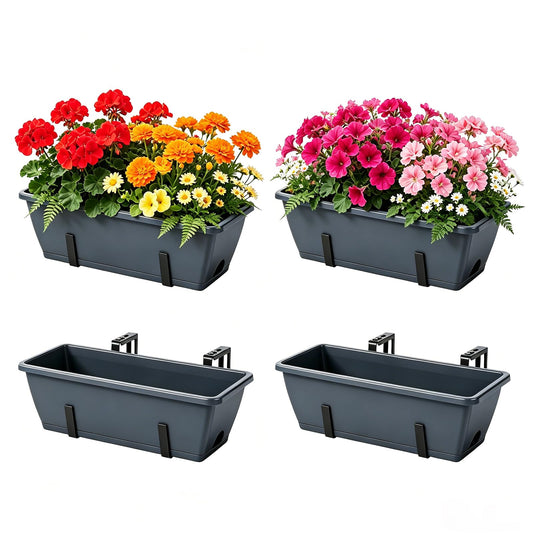 OYEAL Deck Railing Planter Box 4 Pack Window Boxes Planters with Adjustable Brackets, 17 Inch Hanging Flower Pots for Plants for Front Porch, Garden Fence, Apartment Patio Balcony Decor, Grey