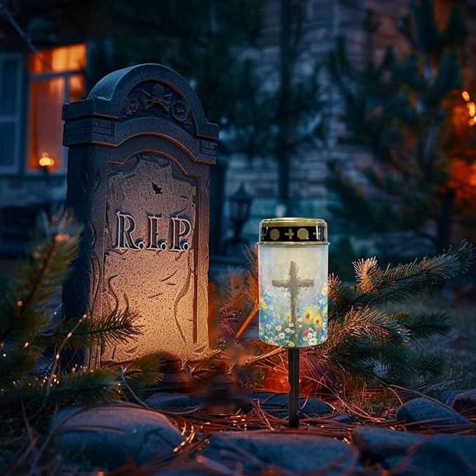Light for Prayer Cemetery Solar Lights for Grave Cemetery Decor Candle Lamp Cross and Floral Grave Solar Lights Garden Cemetery Decor Memorial Gift