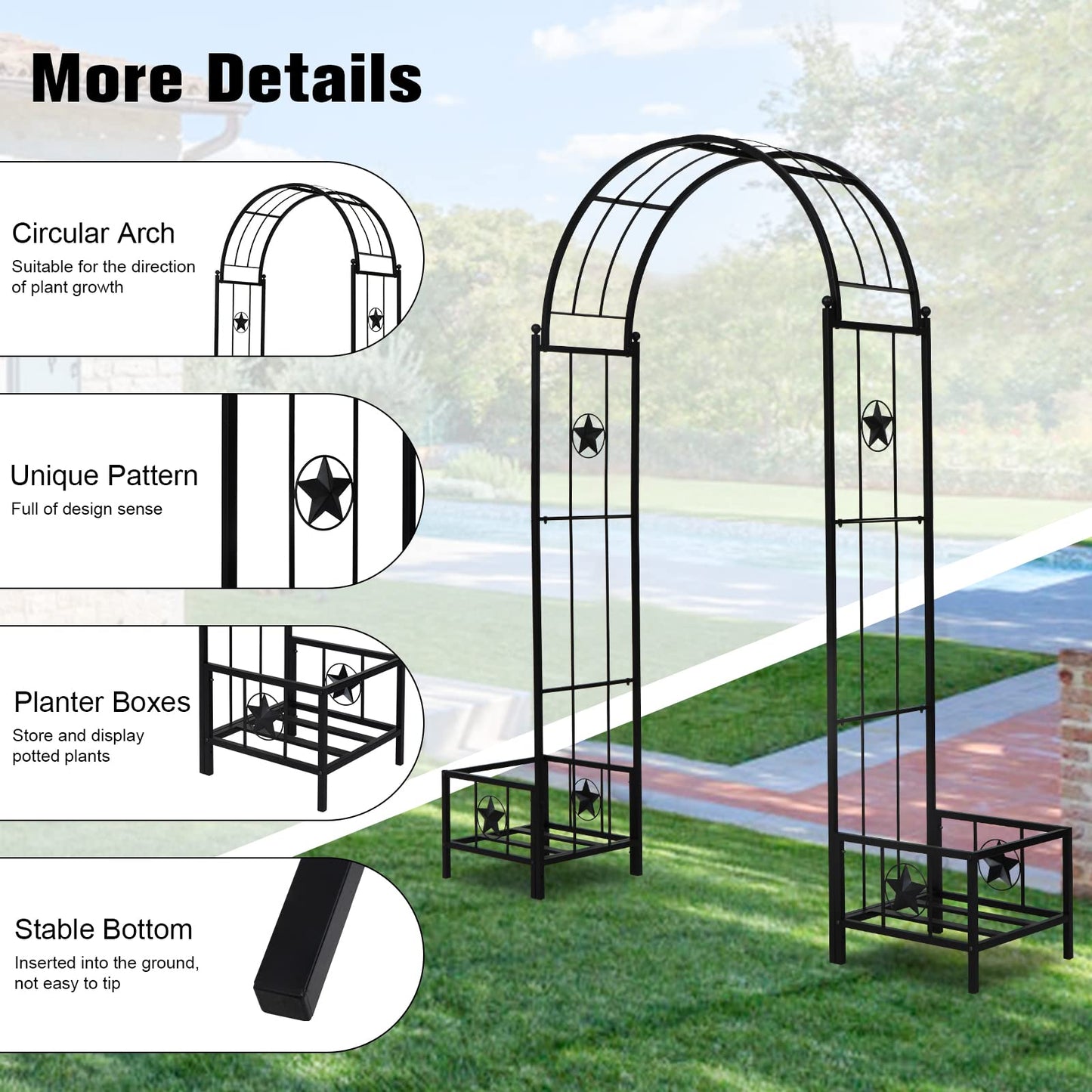 Kinfant Steel Garden Arch Arbor with Planter Boxes – Heavy-Duty Outdoor Trellis for Climbing Vines, Flowers, Decorative Arch for Wedding Ceremony, Party, Backyard, Lawn