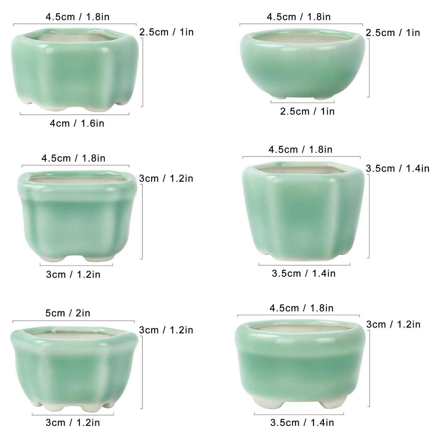 Bonsai Planter 1.8 inch (4.5cm) Mini Succulent Glazed Pots Set of 6 Green