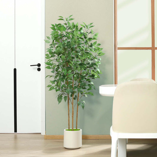 SOGUYI Ficus Artificial Tree 5ft Tall Fake Ficus Tree for Home Decor Indoor Faux Silk Ficus Plant Fake Floor Plant in White Imitation Ceramic Planter with Green Fake Moss, Set of 1