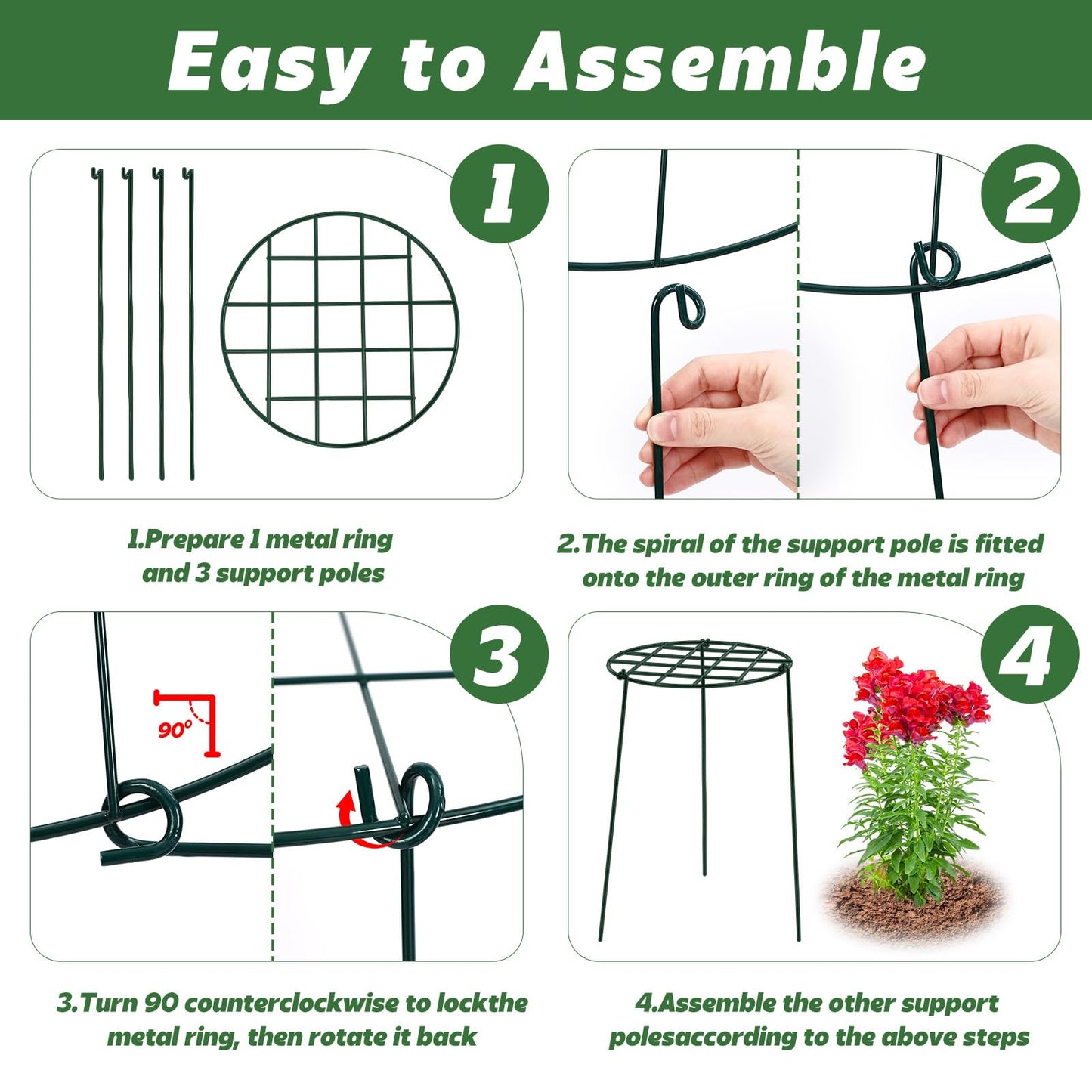 Sunnychicc 4 Pack Round Peony Cages and Supports 12 x 16 Inches (D x H) Grow Through Grid Plant Brace Plant Support Stake Heavy Duty Metal Flower Support Rings for Rose Tomato Hydrangea Strawberry
